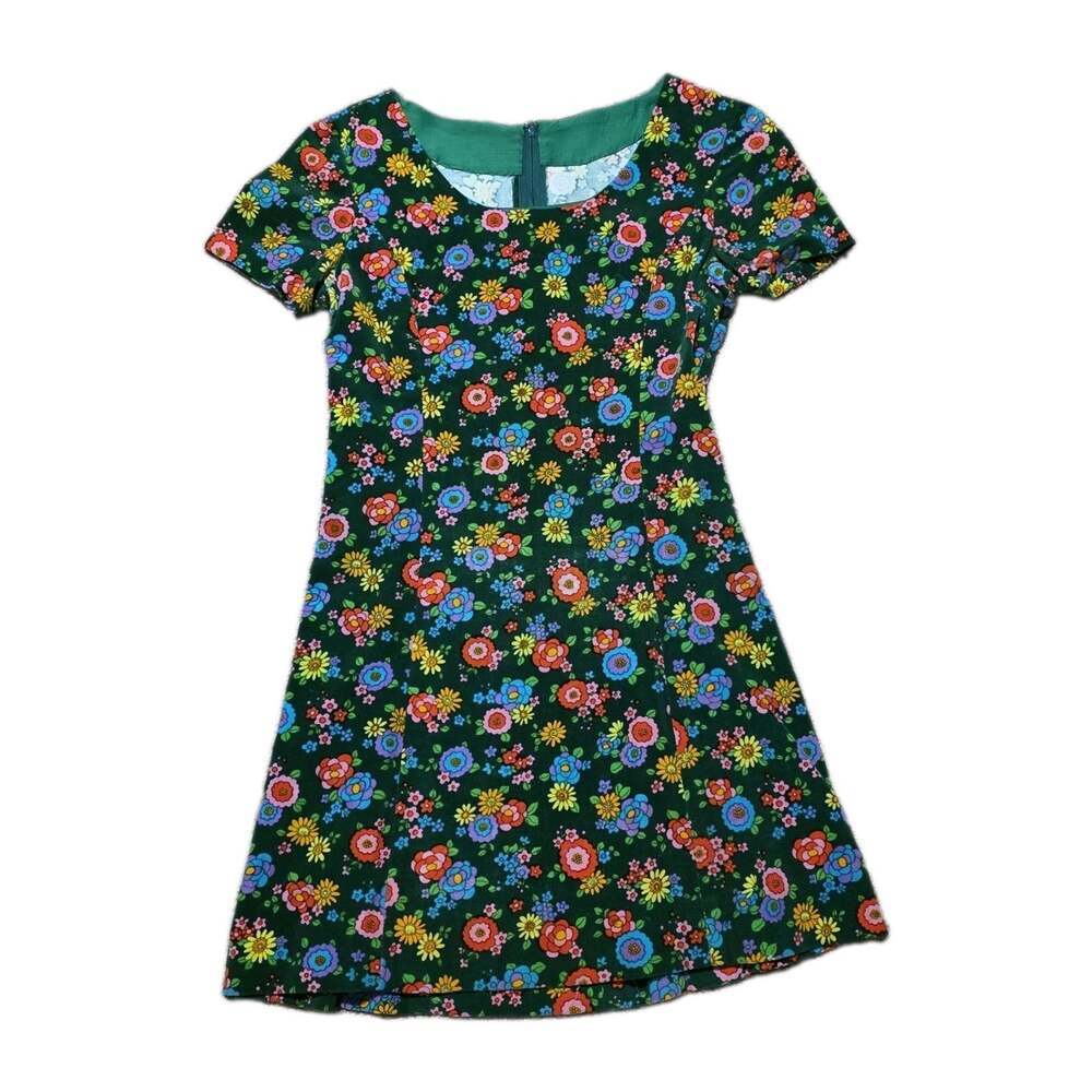 Vintage Girls Green Velvet Floral Dress Size 10 Short Sleeve 1970s Groovy